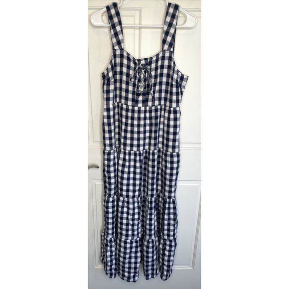 NWT Who What Wear Women's Tiered Maxi Dress Sz M Linen Blend Gingham Fisherman - Picture 1 of 15